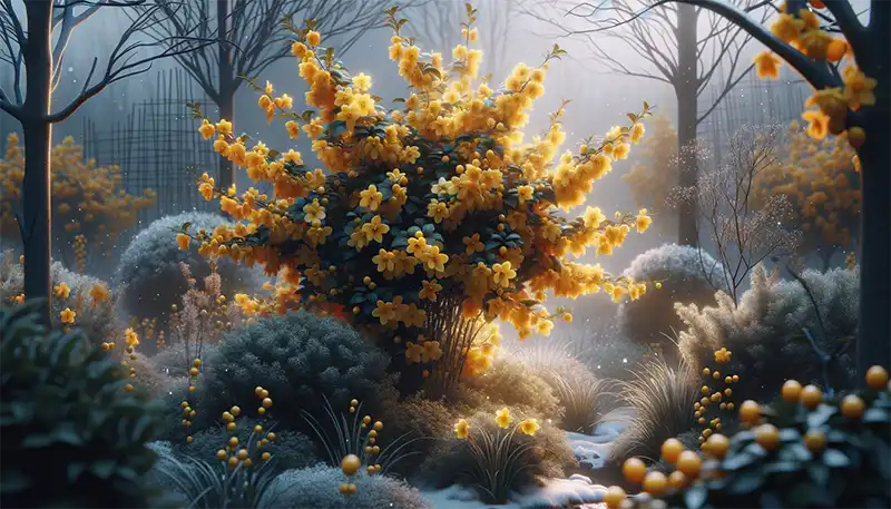 Winterjasmin im Winter